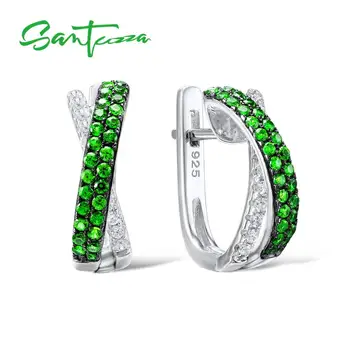 

SANTUZZA 925 Sterling Silver Stud Earrings Jewelry Earrings For Women Round Green Stones White Cubic Zircon 925 Sterling Part