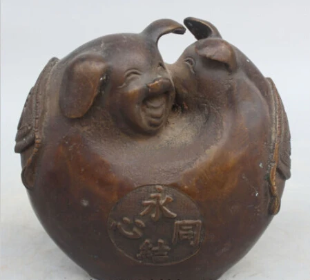 

RHS0130 7" Marked Chinese FengShui pure Bronze Happiness lovers Two Fu Pig Animal Statue