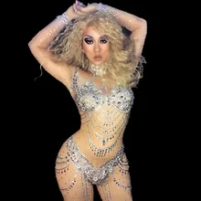 Sparkly Crystals Jumpsuit Costume Bling Big Stones Rompers Women Outfit Diamonds Bodysuit Party Celebrate Occasion Wear