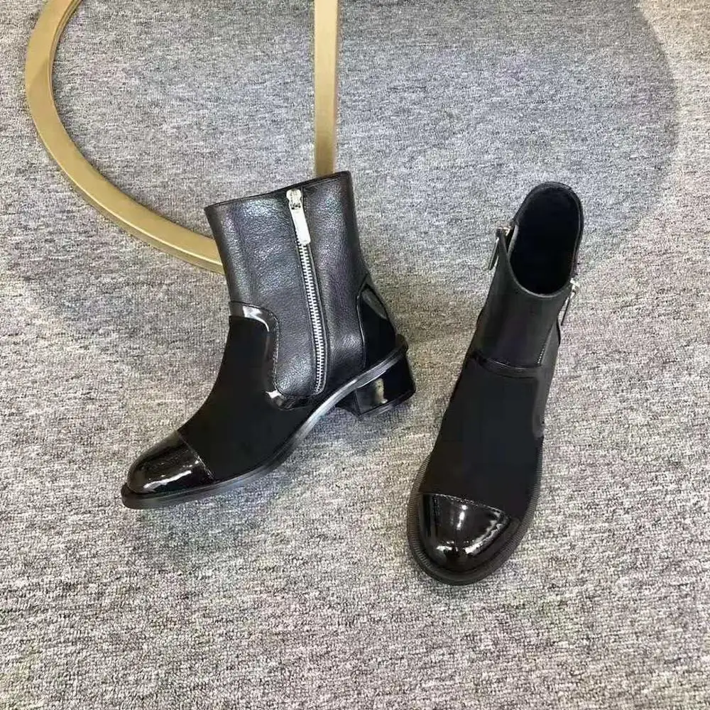 

2019 New Genuine Leather Boots Women Zip Ankle Boots Autumn Winter Elegant Square Mid Heels Botas Mujer Hot Chic Designer Shoes
