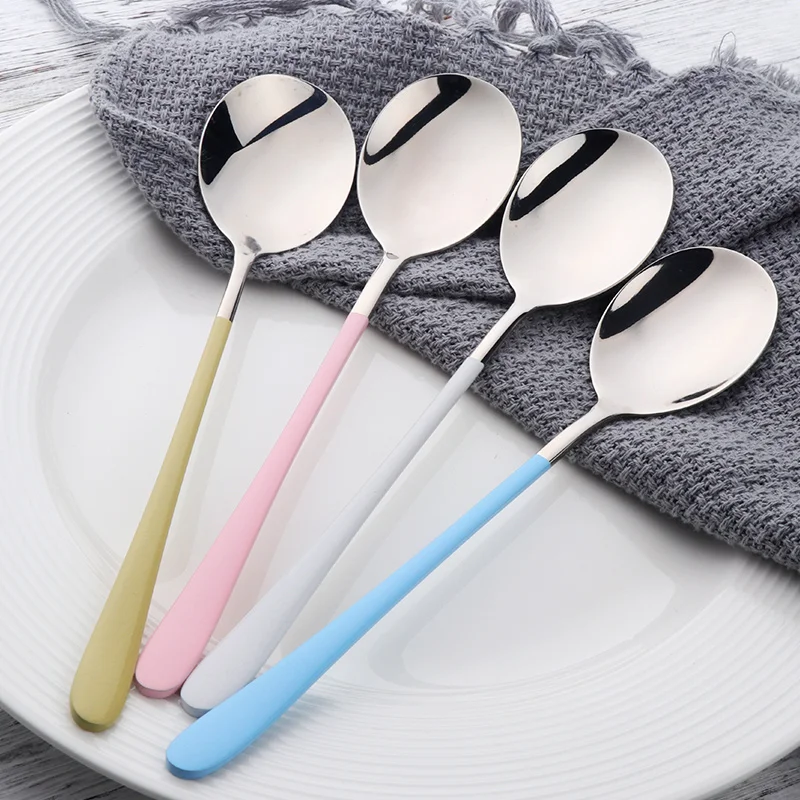 

2pcs 8'' Stainless Steel Long Handle Desser Spoon Colorful tablespoon Sweet Coffee Spoon Set Mixing Stiring Scoop Kitchen Tool