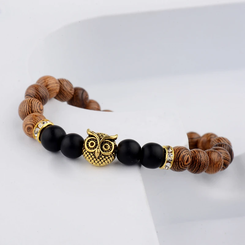 Amader браслеты из деревянных бусин золото и серебро сова и черный браслет из бисера Для женщин ретро молитва ювелирных Йога дропшиппинг ABJ012