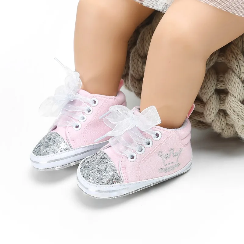 Baby Girls Embroidery Floral Infant Soft Mesh Tie Shiny Shoes First