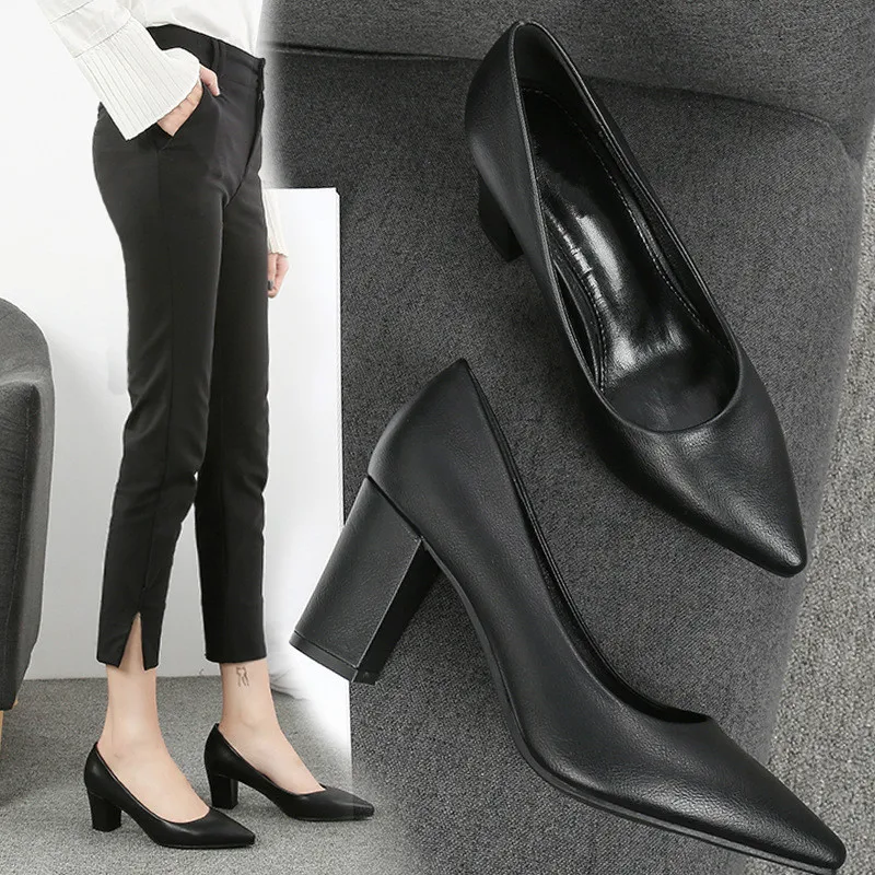 

New Women Pumps Shoes Concise PU Leather Slip-On Pointed Toe Shallow 5cm & 7cm Thick High Heels Casual Lady Office Female Shoes