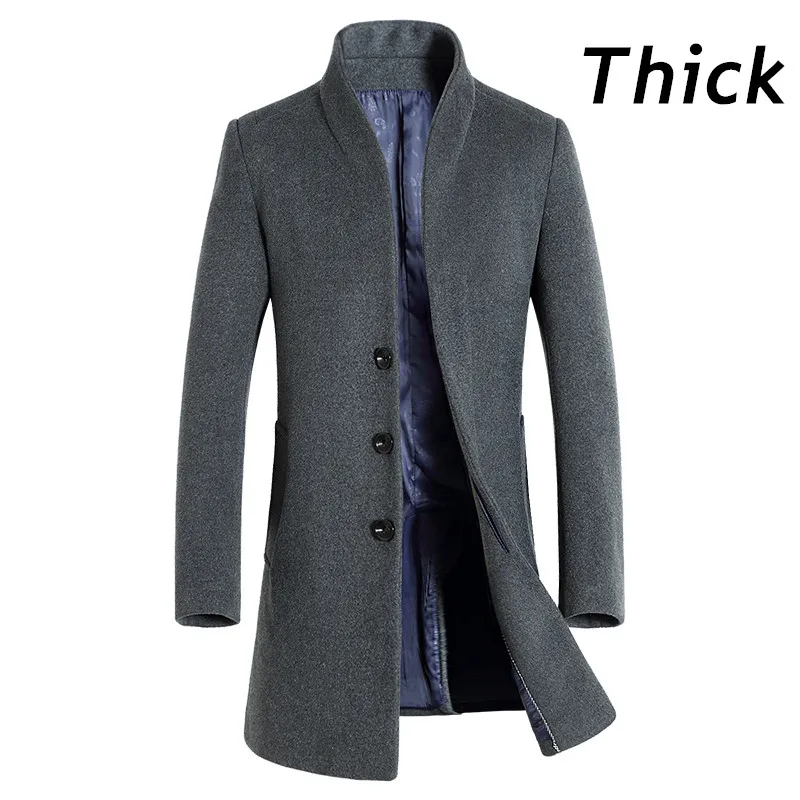 Новинка зимы, мужское тонкое шерстяное пальто, одноцветное, повседневное, бизнес стиль, стоячий воротник, шерстяное пальто/Мужское тонкое, ветровка, пальто, мужские куртки - Цвет: Grey Thick