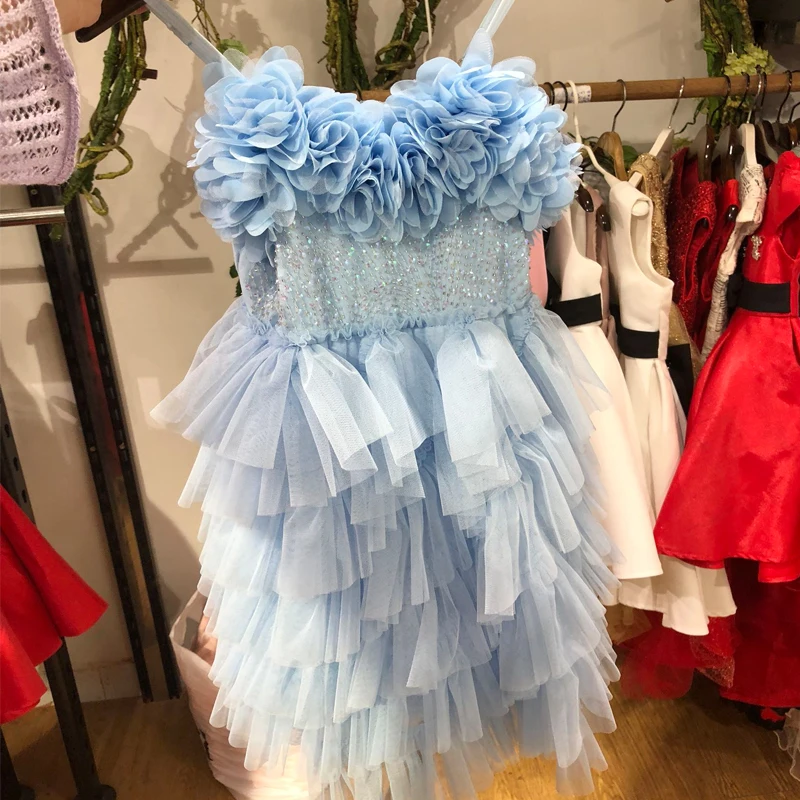 Эксклюзивное платье для маленьких девочек блестки на платье праздничное платье принцессы с цветочным рисунком для девочек, элегантное многослойное карнавальное платье