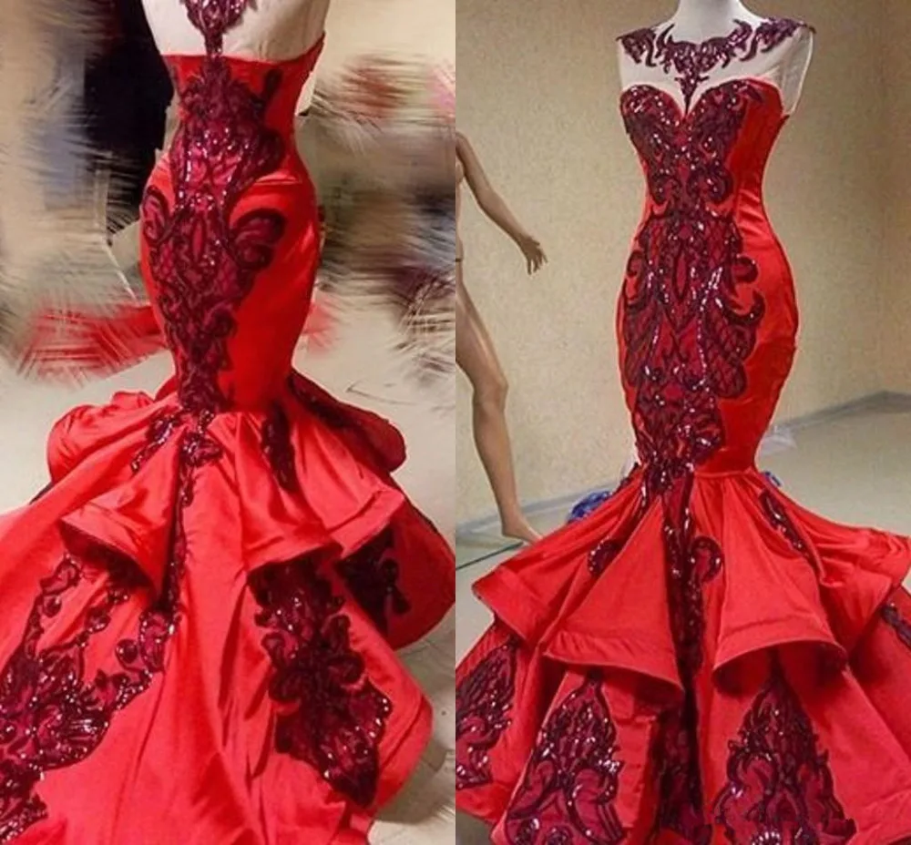 

Red Luxury Sequins Applique Mermaid Ruffles Prom Pageant Dresses Jewel Sheer Neck Fishtail Real Image Occasion evening wear