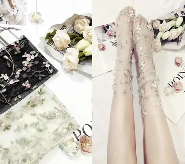 1 Pair Summer Transparent Mesh Bright Sexy Fishnet Long Sockings Loose Fashion Flower Printed Funny Women's Glass Socks