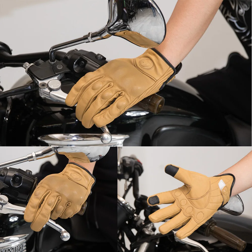 Кожаные Мотоциклетные Перчатки с сенсорным экраном, классические мотоциклетные перчатки в стиле ретро, мотоциклетные перчатки для верховой езды, винтажные перчатки с полным пальцем