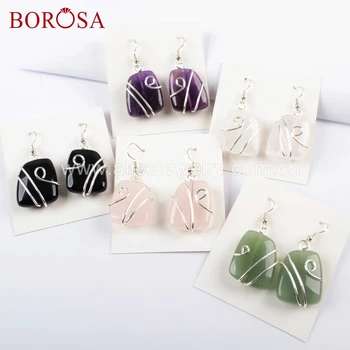 

BOROSA 5/10Pairs Silver Color Multi-kind Gem Stone Wire Wrapped Earrings Pink Quartz Crystal Dangle Earrings Jewelry WX1050