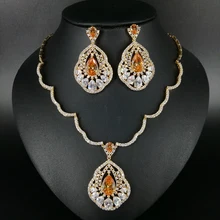 2017 NEW FASHION retro champagne water drop zircon pure gold color necklace earrings wedding bride banquet dinner jewelry set