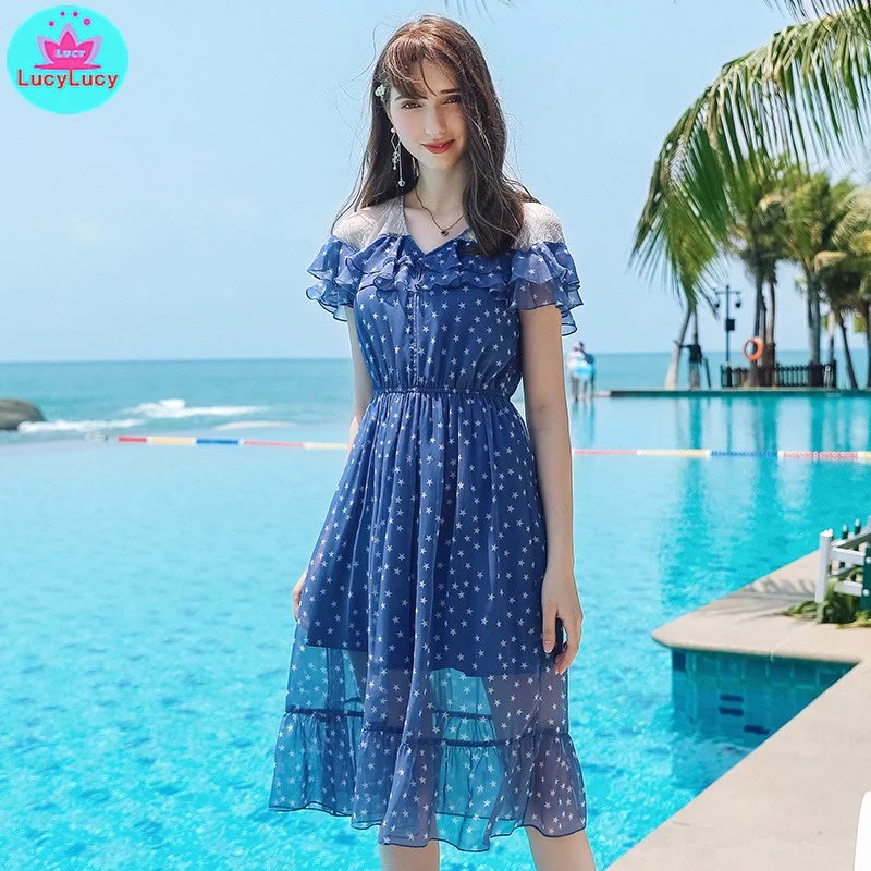 

2019 summer new European and American style women's ruffled lady star print chiffon dress Knee-Length Off the Shoulder