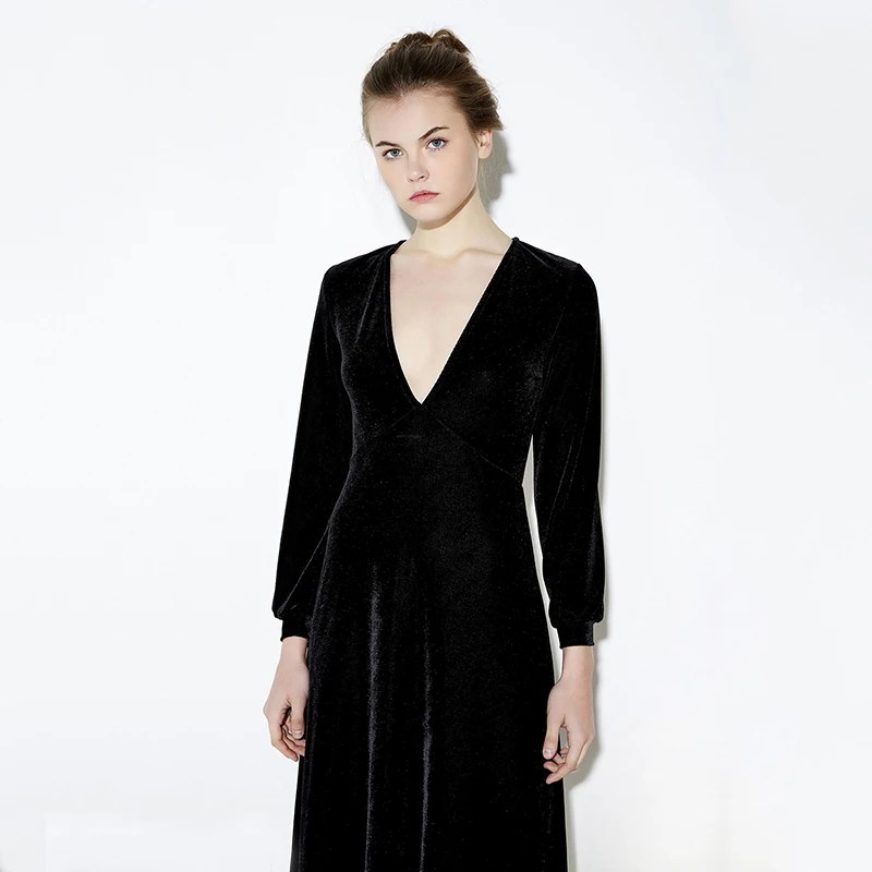 Black Velvet Long Sleeved Plunge Neck Maxi Dress