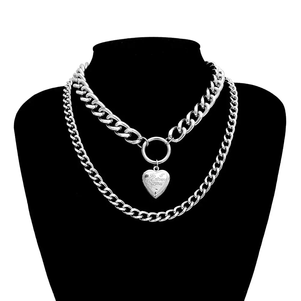 

2019 Women Punk Double Layer Love Heart Pendant Thick Curb Chain Choker Necklace Jewelry Gift