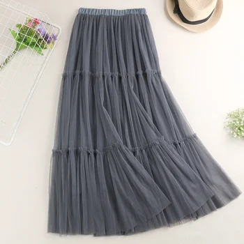 

Women Pleated Skirts 2020 New Summer High Waist Ruffles Long Tulle Skirt Slim Patchwork Mesh Maxi Skirts for Women Jupe Femme