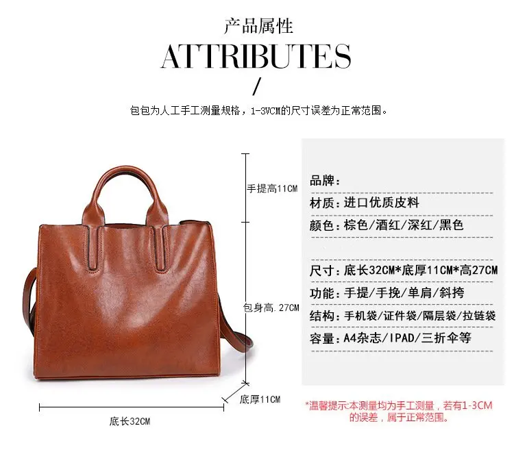 KLY 100% Genuine leather Women handbags 2018 New handbags Cross-border goods Simple handbag Ms. Briefcase Shoulder Messenger -