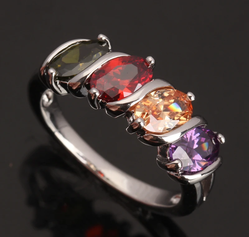 

4 Pcs Eggform Multicolor Zircon Garnet 925 Sterling Silver & Trendy Jewelry Us# Size 6 / 7 / 8 / 9 S0039