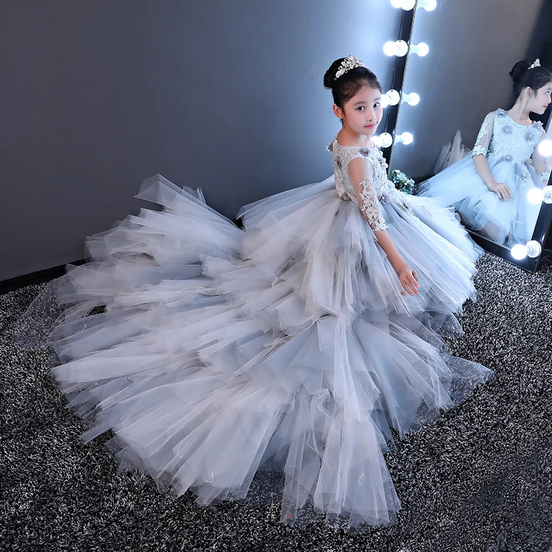 Luxury Princess Girl's Ball Gown Dresses Long Trailing Sweet Floral Banquet Dress Half Sleeve Kids Girl Mesh Wedding Gowns JF597 Luxury Princess Girl's Ball Gown Dresses Long Trailing Sweet Floral Banquet Dress Half Sleeve Kids Girl Mesh Wedding Gowns JF597