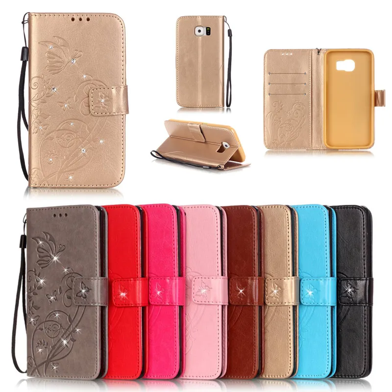 

Luxury Bling Book Style PU Leather Flip Butterfly Case Cover For Samsung Galaxy S7 G9300/S7 Edge G9350 Phone Bags+Strap