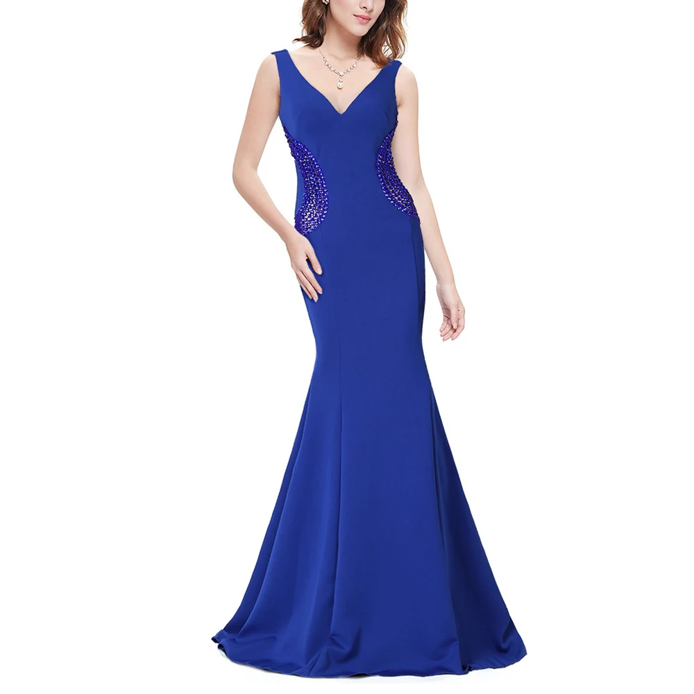 

Summer Dress Women Evening Mermaid Gown With Beadings For Party Wedding Slim Deep V-Neck Diamonds Bodycon Trumpet Dress Vestidos