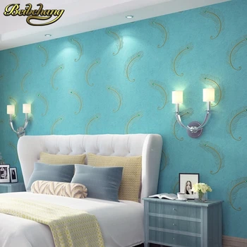 

High - grade embroidery wallpaper Continental 3D drilling non - woven peacock blue feather bedroom living room TV background wal