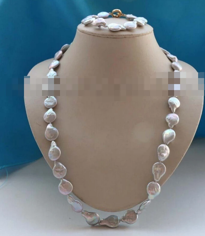 

charm Jew.657 25" Genuine Natural 14x20mm Gray Coin Pearl Necklace Bracelet set 14k (A0423)