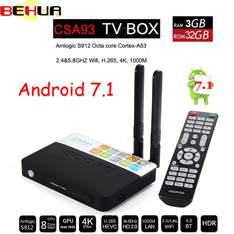 

CSA93 Smart Android 7.1 TV Box 3GB 32GB Amlogic S912 Octa Core Smart Mini PC 2.4G/5.8G Wifi Bluetooth 4K 17.3 Set Top Box 2018