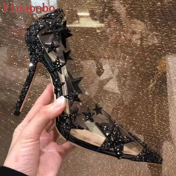 

Ladies Pointed toe Silver Black Bridal shoes woman High Heel Shining five star Crystal PVC Transparent Pumps Women Party We