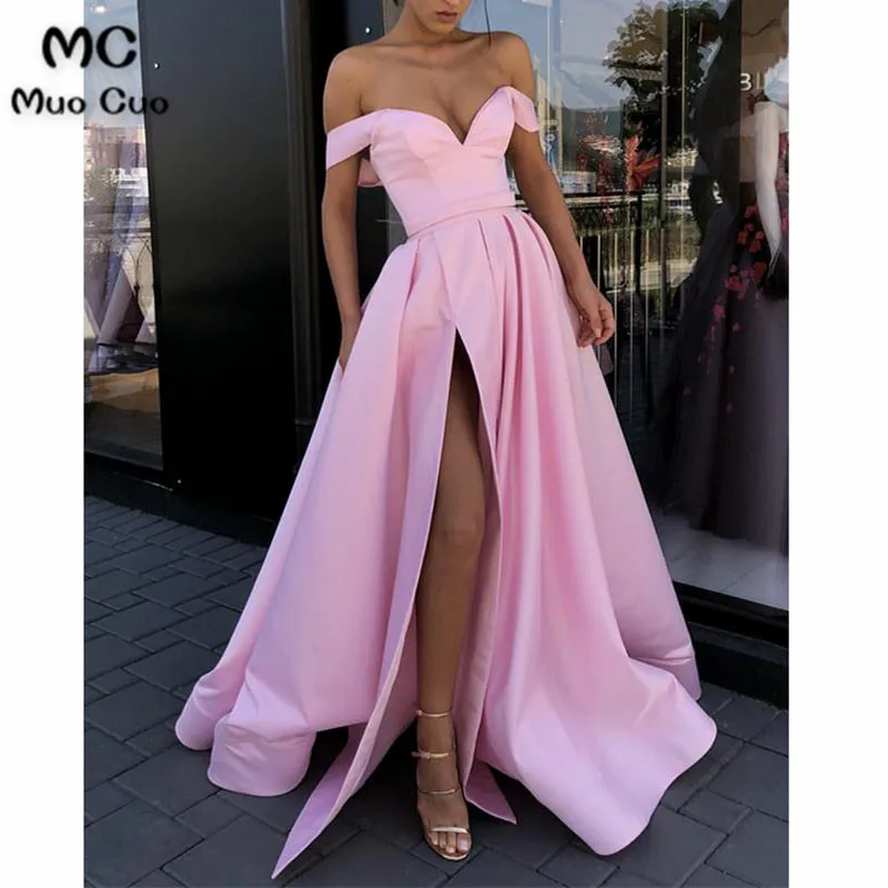 Long Satin V-neck Evening Dresses Off-The-Shoulder Prom Gowns