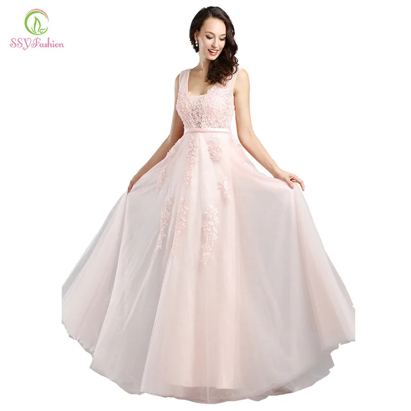 SSYFashion Hot Sell Sweet Light Blue Lace V-neck Lacing Long Evening Dress The Bride Party Sexy Backless Prom Dresses Custom dinner gown