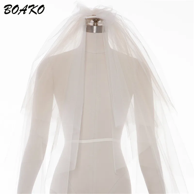 BOAKO Cut Edge Puffy Tulle Bridal Veil Fingertip Length Elegant Wedding Veil With Comb 4 Layer White Champagne Velos De Novia