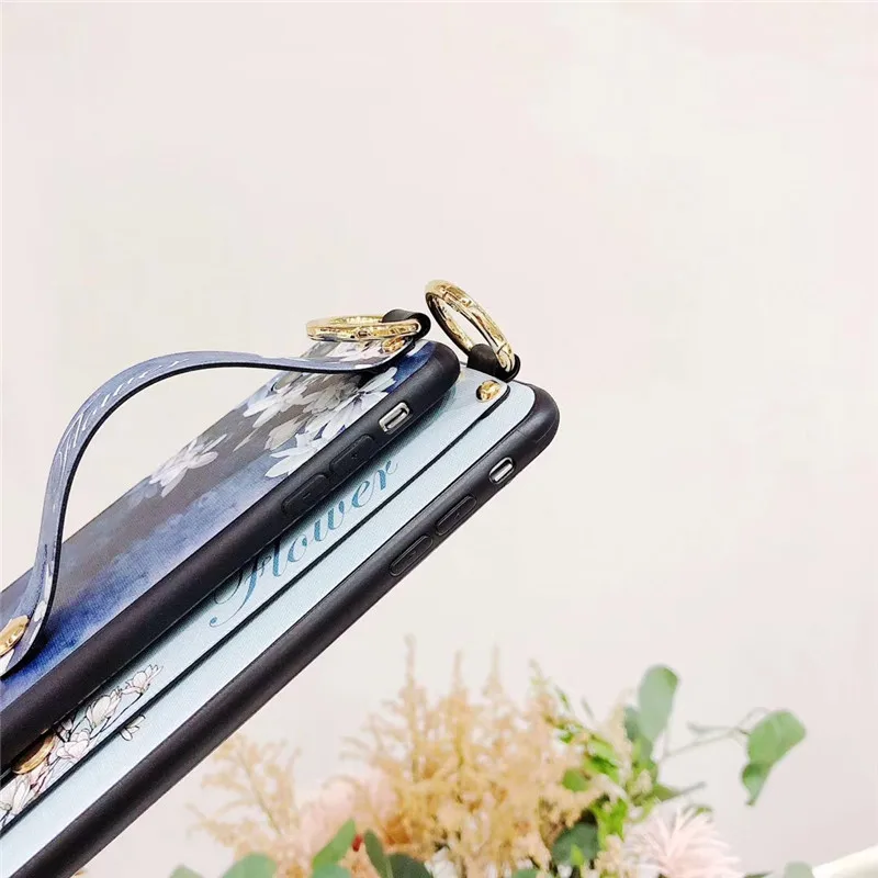 LUDI Hot 3D Vintage Floral Phone Case for iPhone 7 7Plus Soft TPU Fashion Flowers Wrist Strap Phone Bag for iPhone X 6 6s 8 Plus10