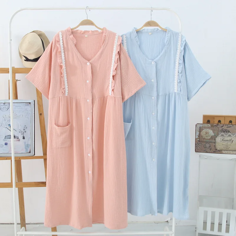 

Summer Cotton Crepe Fabric Postpartum Feeding Long Nightgown Pregnant Women Nightwear Solid Sleepwear Short Night Sleep Dress