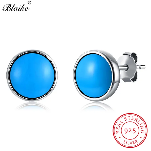 Blaike 100 Genuine S925 Sterling Silver Round Turquoise Stud Blaike 100 Genuine S925 Sterling Silver Round Turquoise Stud Earrings For Women Fine Jewelry Vintage