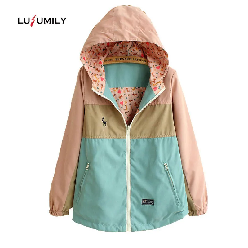 

Lusumily Spring Women's Windbreake Loose Cartoon Hooded Two Side Wear Thin Jacket Women Coat Female Windbreakers Jackets Clothes