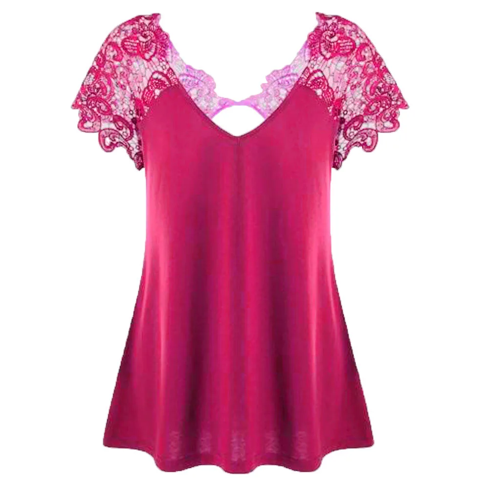 Женская блузка, модная, v-образный вырез, плюс размер, кружевная, короткий рукав, обрезанная, рубашка, топы, blusas mujer de moda - Цвет: Hot Pink
