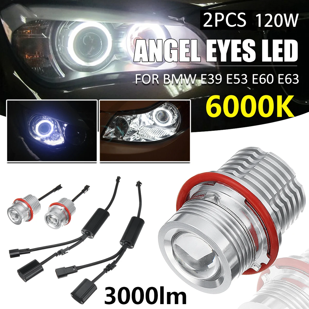 

2pcs LED Angel Eyes Marker Light Bulb Error Free Bulbs 6000K 120W White LED Front Light Car Headlight for BMW E39 E60 E63 E53