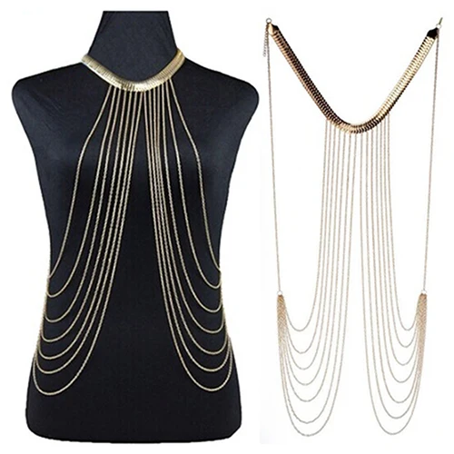 

Women's Stylish Body Ketting Luxury Bikini Beach Golden Tassel Layered Body Chain Jewelry Wide Chain Long body chain skirt