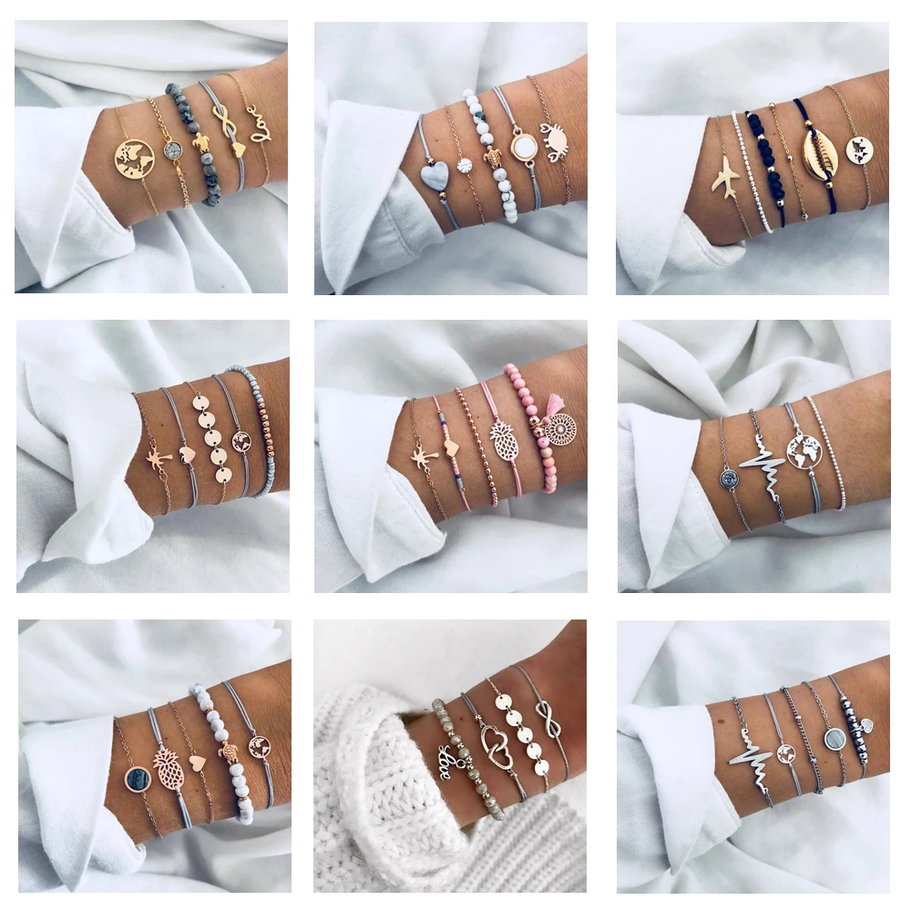 

Tocona Boho Geometric Heartbeat Map LetterTree Bracelet Set for Women Turtle Bead Rope chain Layered Bracelets Bangle Jewelry