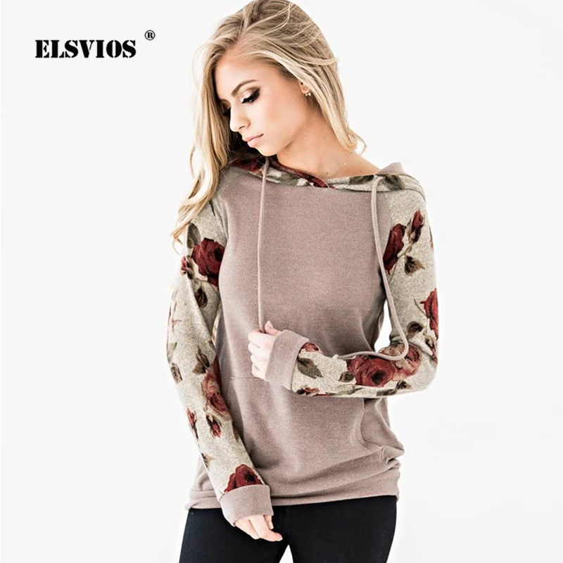 ELSVIOS Patchwork Floral Print Hoodies Sweatshirt Women Long Sleeve Hooded Drawstring Tops Jumper A