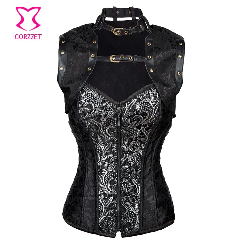 

Women Zipper Steel Boned Black Steampunk Corset Gothic Plus Size Overbust Corsets And Bustiers Sexy Corpetes E Espartilhos S-2XL