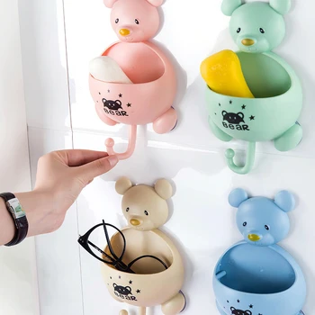 

Lovely Cartoon Bear Wall Hanging Suction Cup Soap Box with Hook Bathroom Soap Dish Storage Rack Plate Accessories