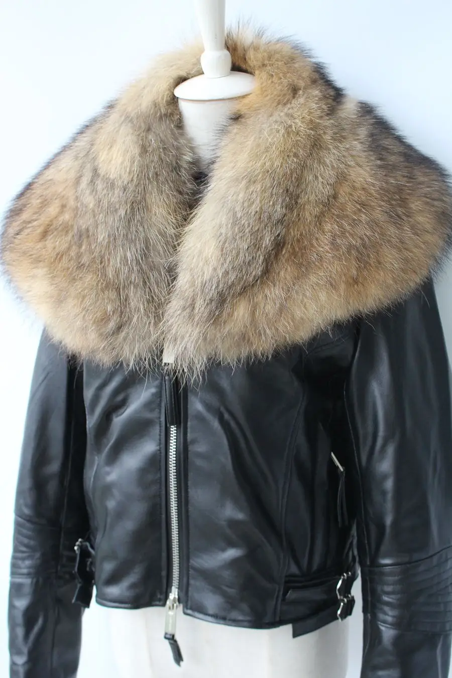 genuine sheepskin leather jacket with real big raccoon fur collar (5)