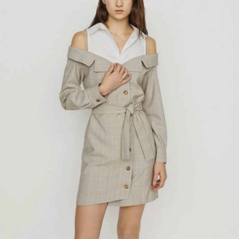 

Runway 2019 Designer Women's Plaid Patchwork Dresses High Quality Sexy Hollow Out Sashes Button Ladies Mini Dress Office Clothes