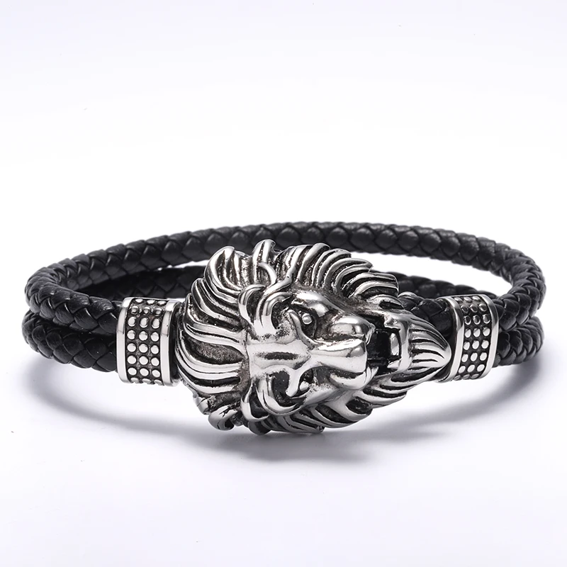 

Singreal Punk Braided Leather Bracelet for Men Jewelry Stainless Steel Lion Head Clasp Bracelets Bangles Gifts for Men