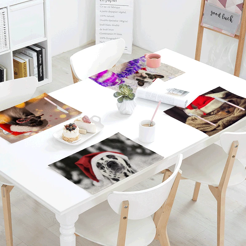 

Wholesale Christmas Dog Series Tablecloth 42x32cm French Bulldog Kitchen Restaurant Decoration Napkin Tea Coffee Pad Linen Print