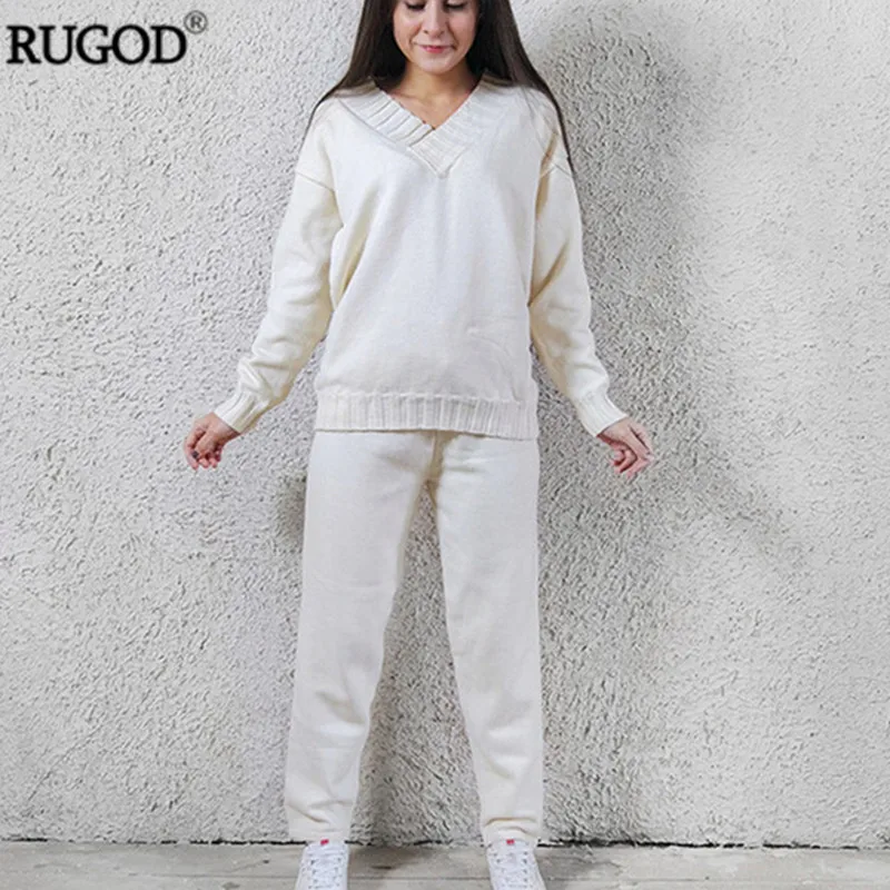 RUGOD, Теплый Зимний вязаный свитер, костюмы для женщин, Модный пуловер с длинным рукавом+ длинные штаны, костюм, толстые спортивные костюмы, верхняя одежда Befree