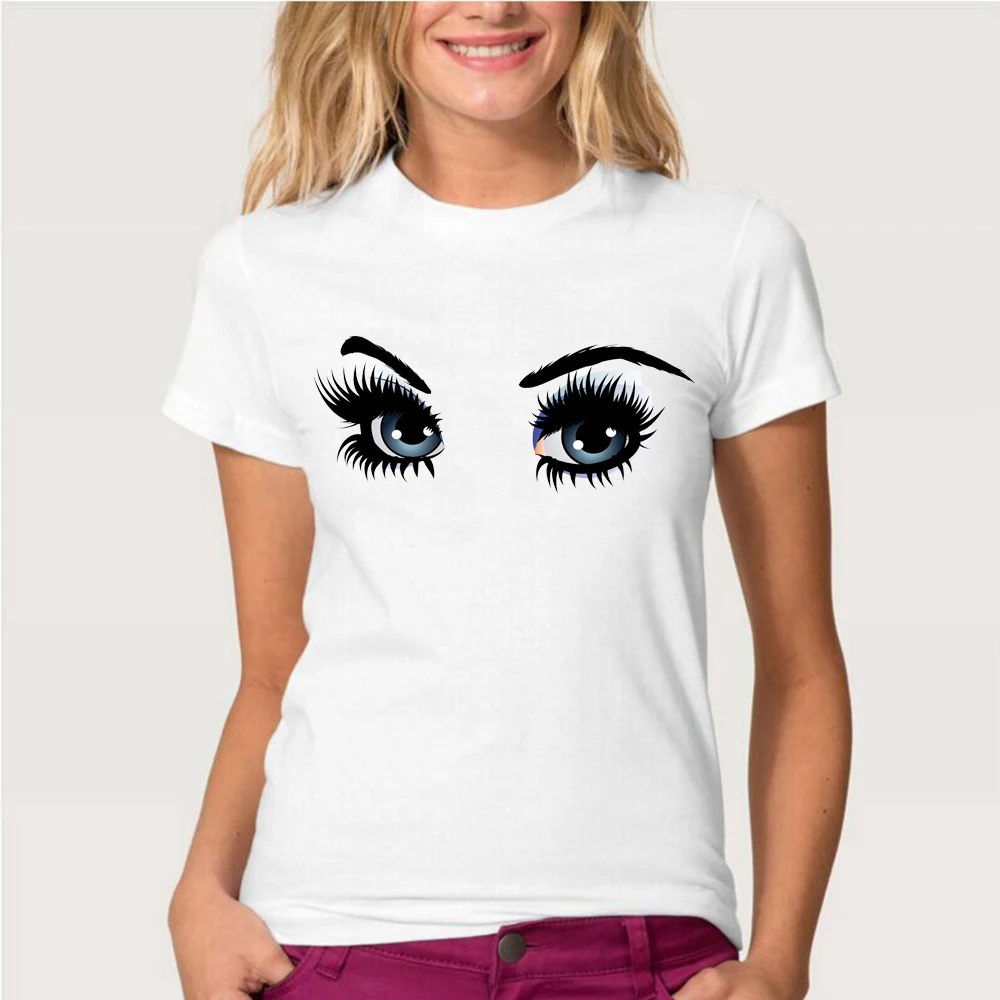 

New fashion Blue eyes with long lashes design women's short sleeve printing T-shirt novelty colorful Tops shirt lady Tees