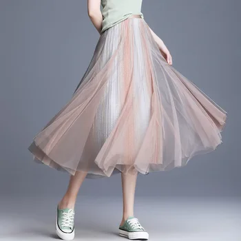 

5 Colors New Summer Elastic Waist Women Long Tulle Skirt Princess A-line Maxi Skirts Korean Style Jupe Femme Faldas Mujer