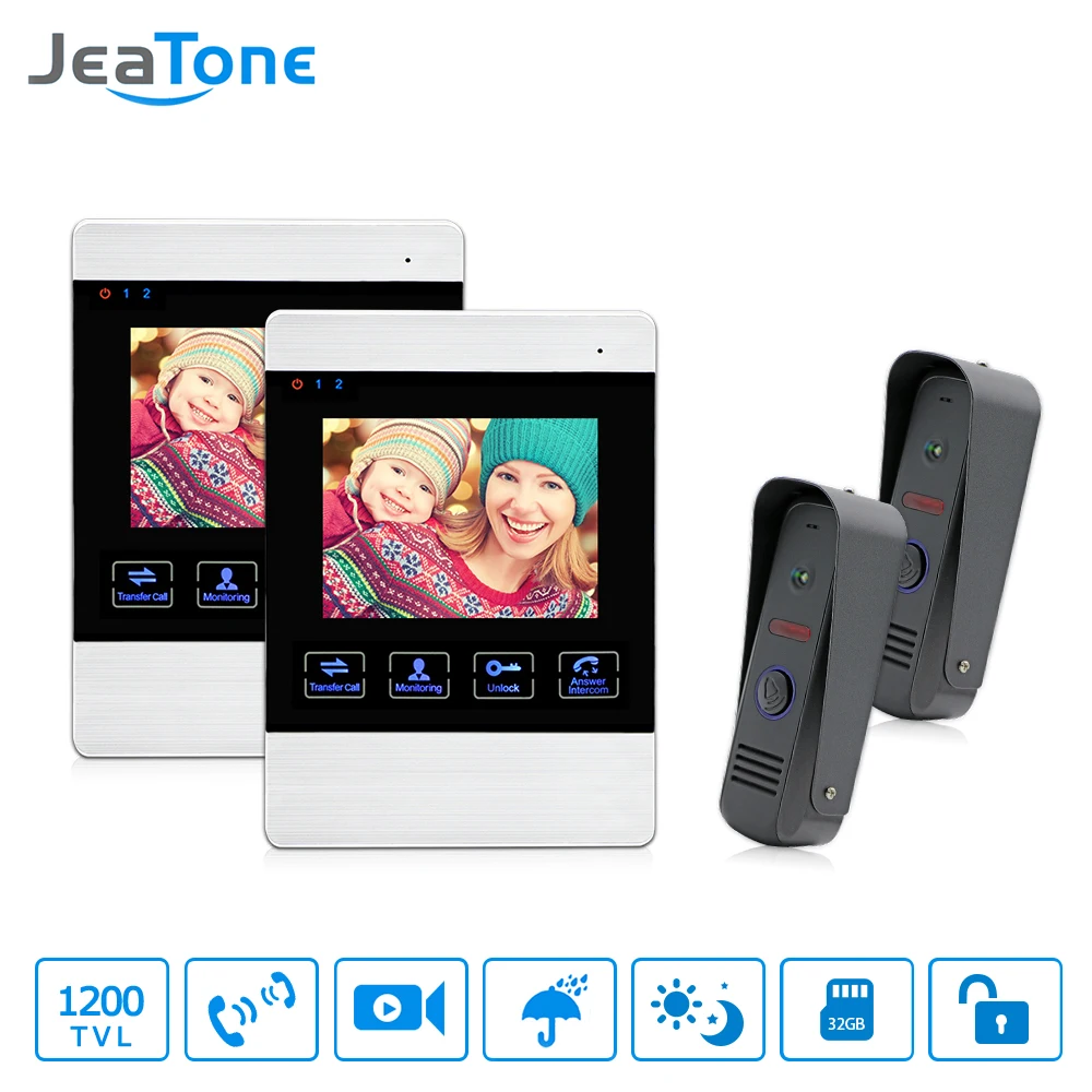 JeaTone 4\ Intercom System Video Door Phone IR Night Vision Doorbell Camera Waterproof Touch Button Monitor Home Security kit